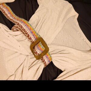FADED GLORY BEIGH CARDIGAN, LARGE & MULTI-COLORED WOVEN SOFT STRAW BELT